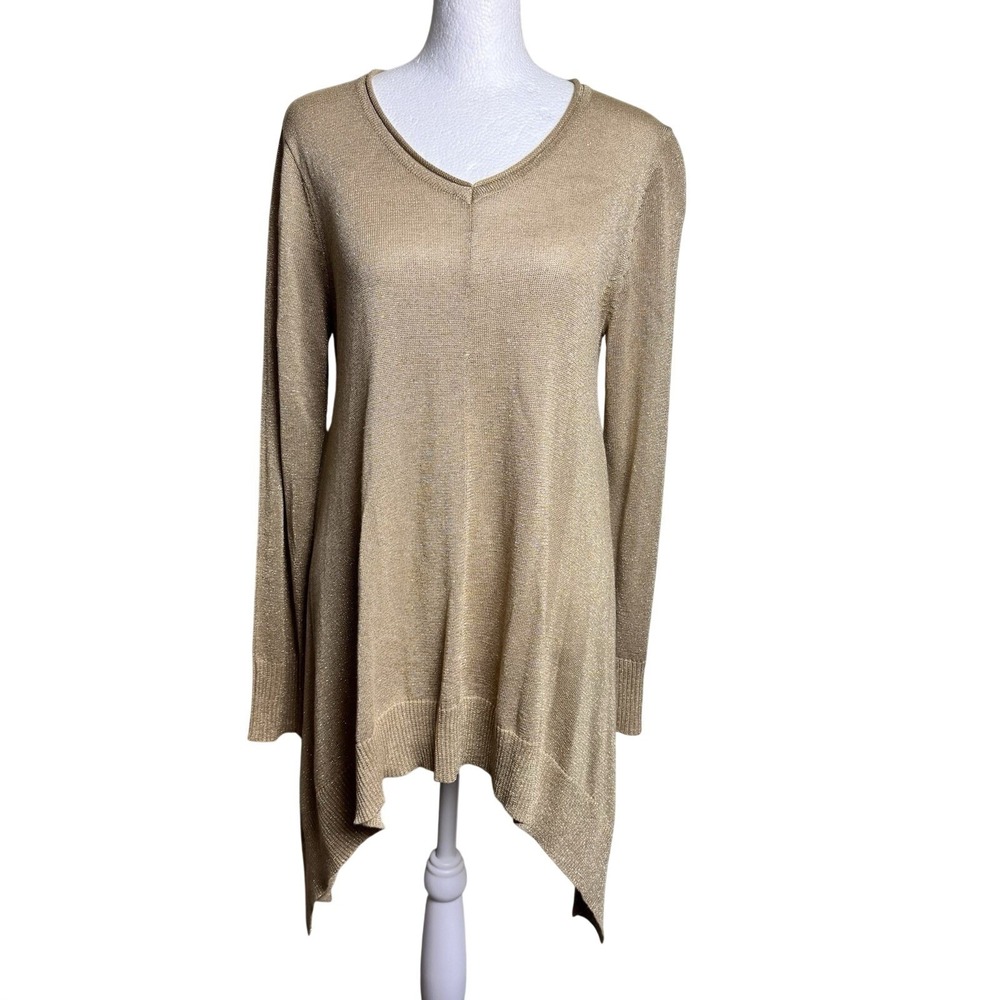 Joseph A Metallic Gold Knit Sharkbite Hem Tunic Sweater Boho Fairycore V-Neck S